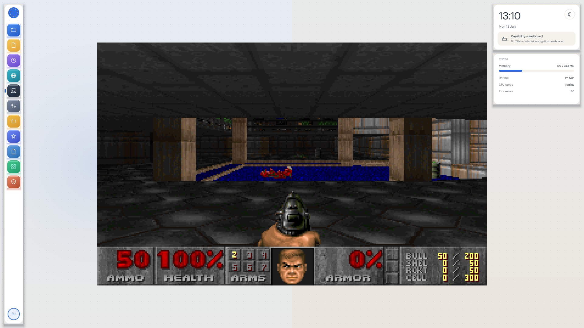 DOOM being played on EuroOS: the E1M1 Hangar level rendering in-game with the full HUD