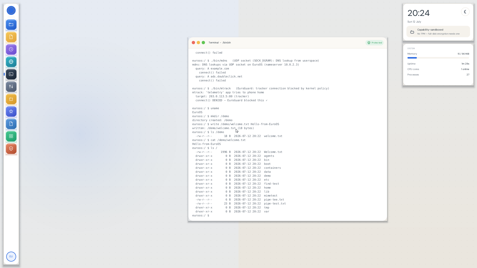 The EuroOS desktop running in QEMU, with the app dock and a live system-status panel