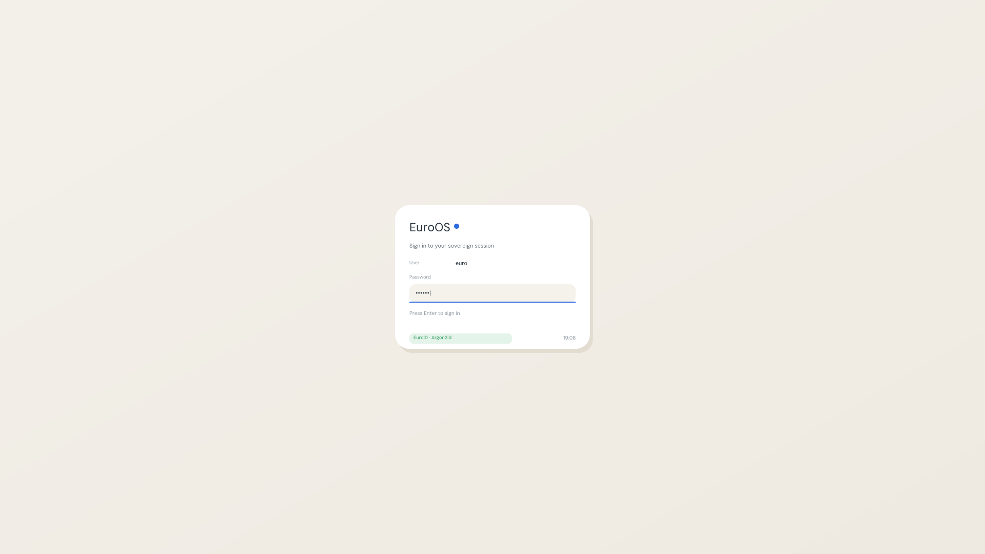 EuroOS GUI lockscreen, a centered login card with a masked password field and an EuroID · Argon2id badge